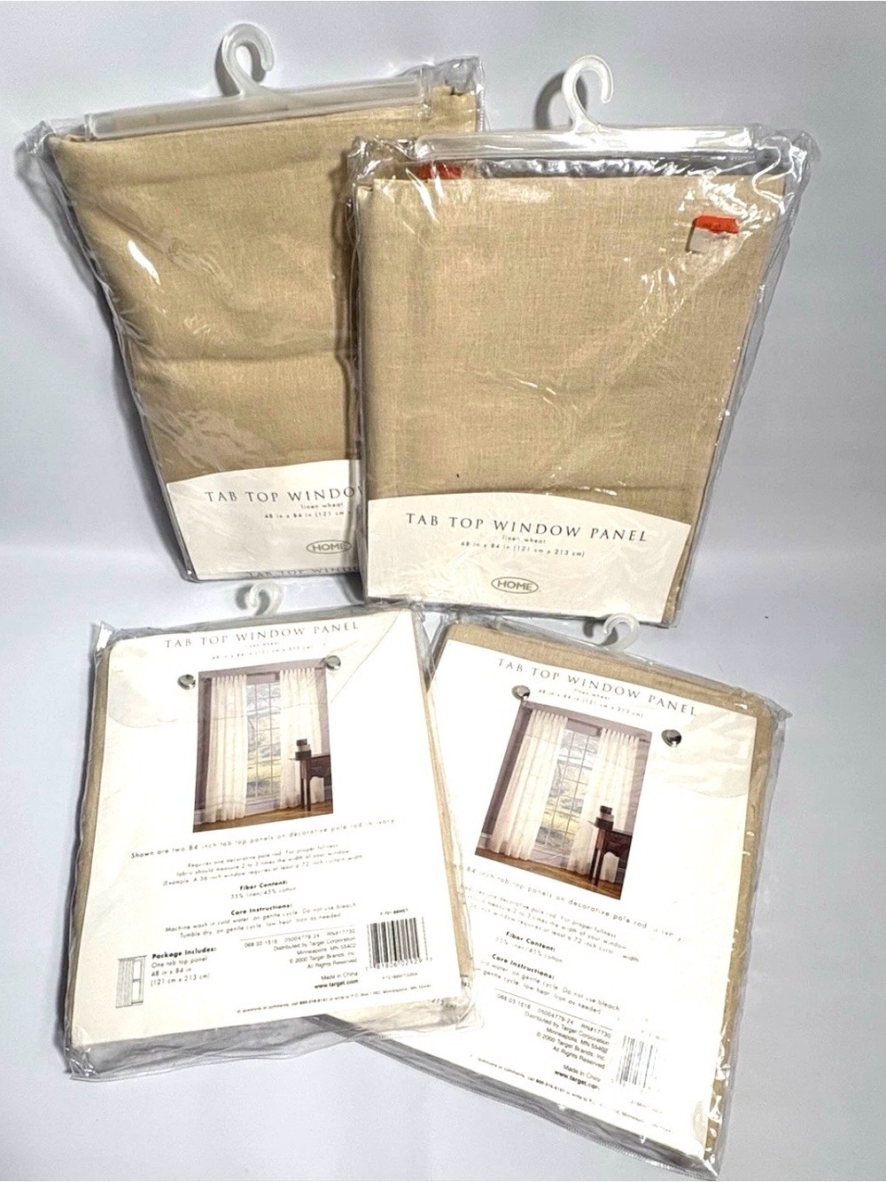 NEW! Set of 4 Panels ~ Tab Top Window Curtains Beige Linen & Cotton ~ 48” x 84”